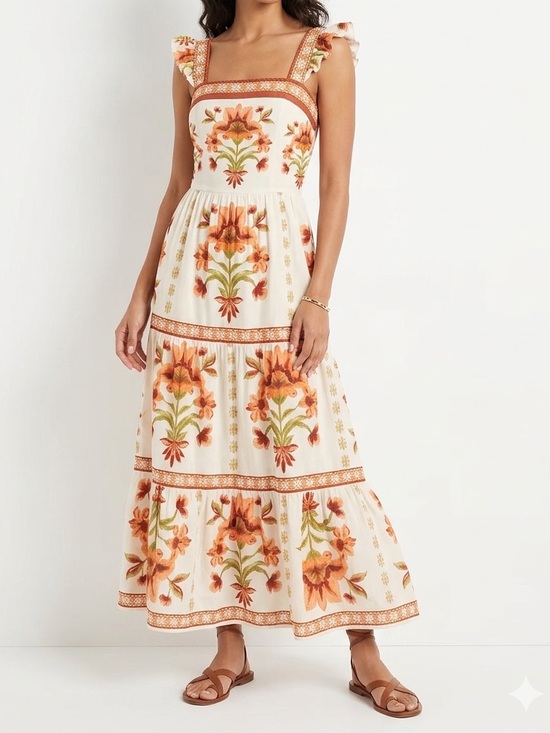 Flying Tomato Dresses & Skirts - Flying Tomato Cream Maxi Dress with Rust Floral Print